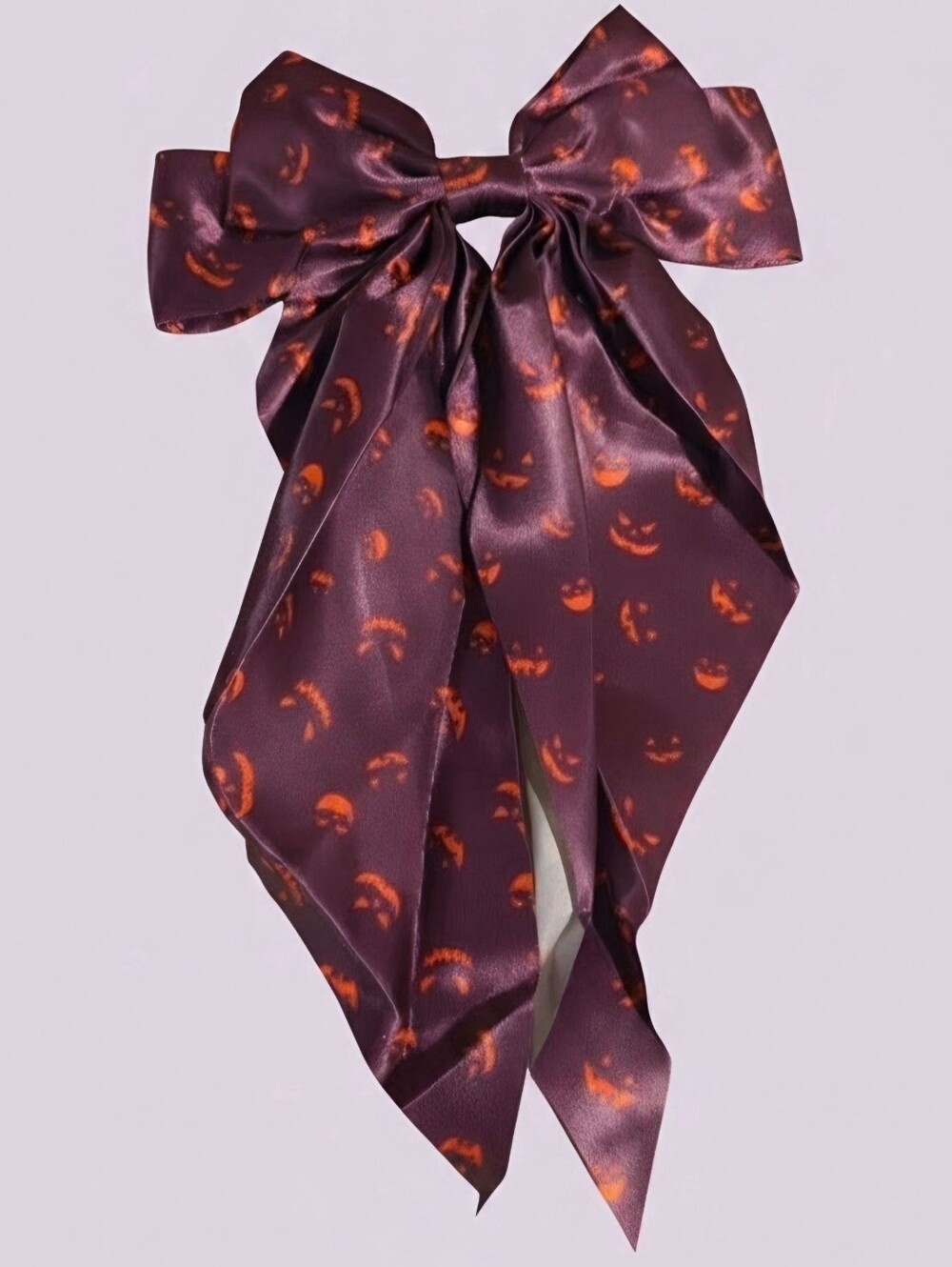 Maroon Satin Bow Hair Scarf with Orange Pumpkin Print